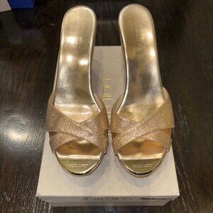 Jimmy Choo Heels Gold Prima Cork Wedge Platform Slide Sandals